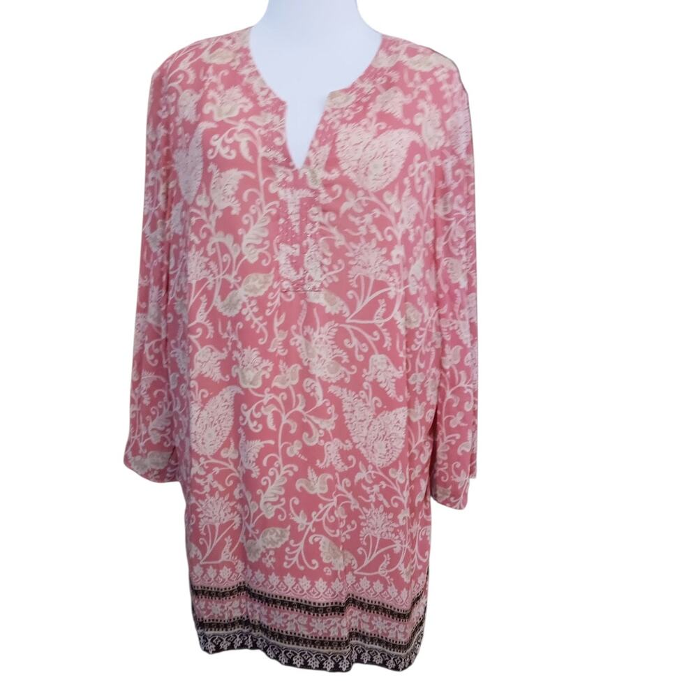 JM COLLECTION Tunic Top Blouse Plus 18W Pink Brown V-Neck Dressy‎ Career Event